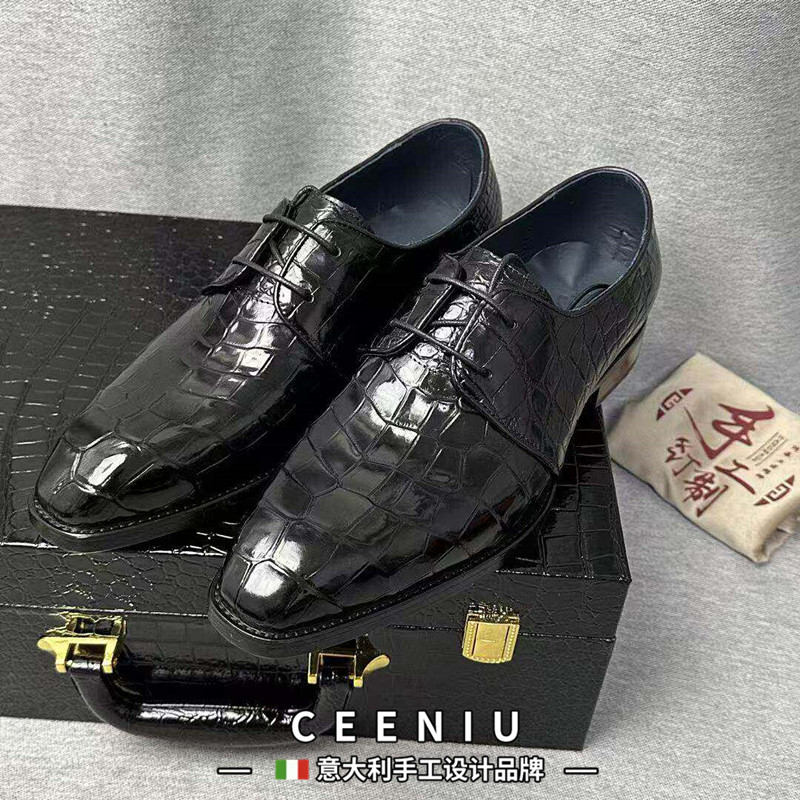 CEENIU意大利鳄鱼皮鞋欧美时尚英伦小方头男士结婚新郎真皮男鞋子