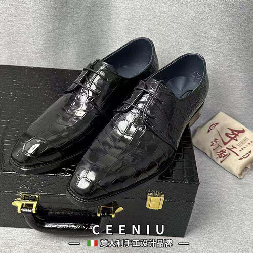 CEENIU意大利鳄鱼皮鞋欧美时尚英伦小方头男士结婚新郎真皮男鞋子