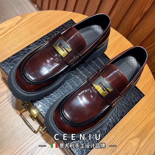 CEENIU意大利乐福鞋男夏季亮皮商务休闲皮鞋手工真皮一脚蹬豆豆鞋