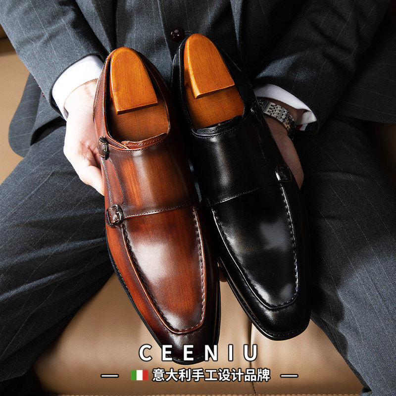 CEENIU意大利英伦男士商务正装皮鞋真皮孟克鞋新郎鞋棕色手工男鞋