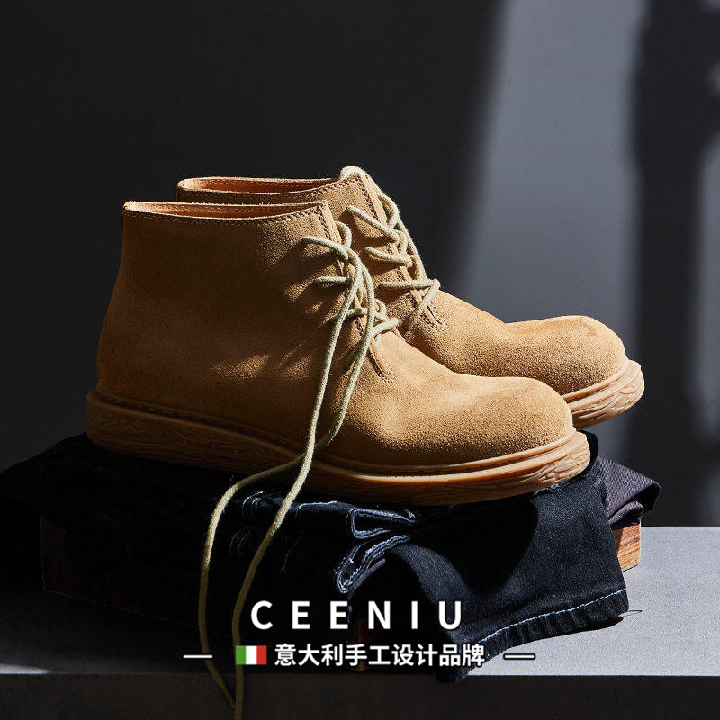 CEENIU意大利英伦复古手工真皮高帮男靴系带厚底马丁靴男皮靴短靴