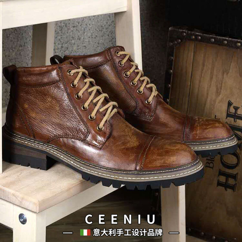 CEENIU意大利真皮复古做旧手工男靴固特异男鞋潮流粗犷短靴马丁靴
