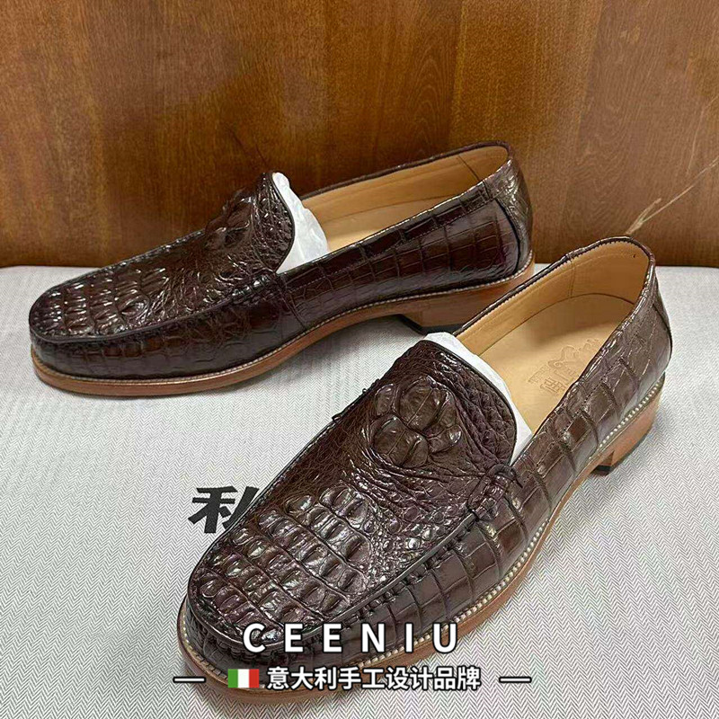 CEENIU意大利鳄鱼皮鞋棕色鳄鱼头骨套脚商务休闲潮流真皮脚蹬男鞋