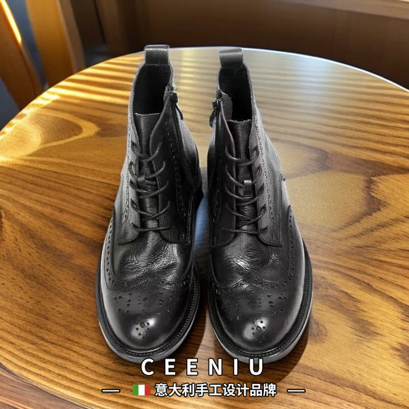 CEENIU意大利复古英伦短靴手工布洛克皮靴高帮男士切尔西马丁靴