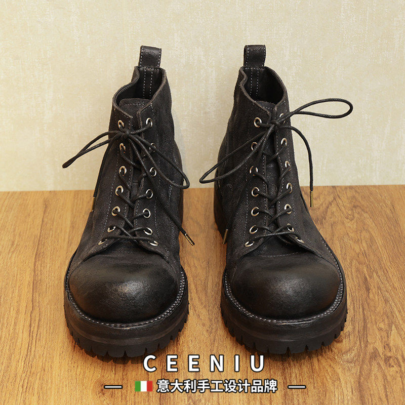 CEENIU意大利马皮水洗手工做旧固特异马丁靴真皮底高帮工装靴男鞋