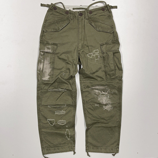 BIGFORSAM美式重磅水洗做旧破坏补丁m65工装裤宽松军版直筒休闲裤