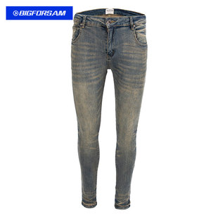 FOR 小脚裤 SAM黄泥脏基础款 男高街欧美做旧素牛修身 潮 牛仔裤 BIG