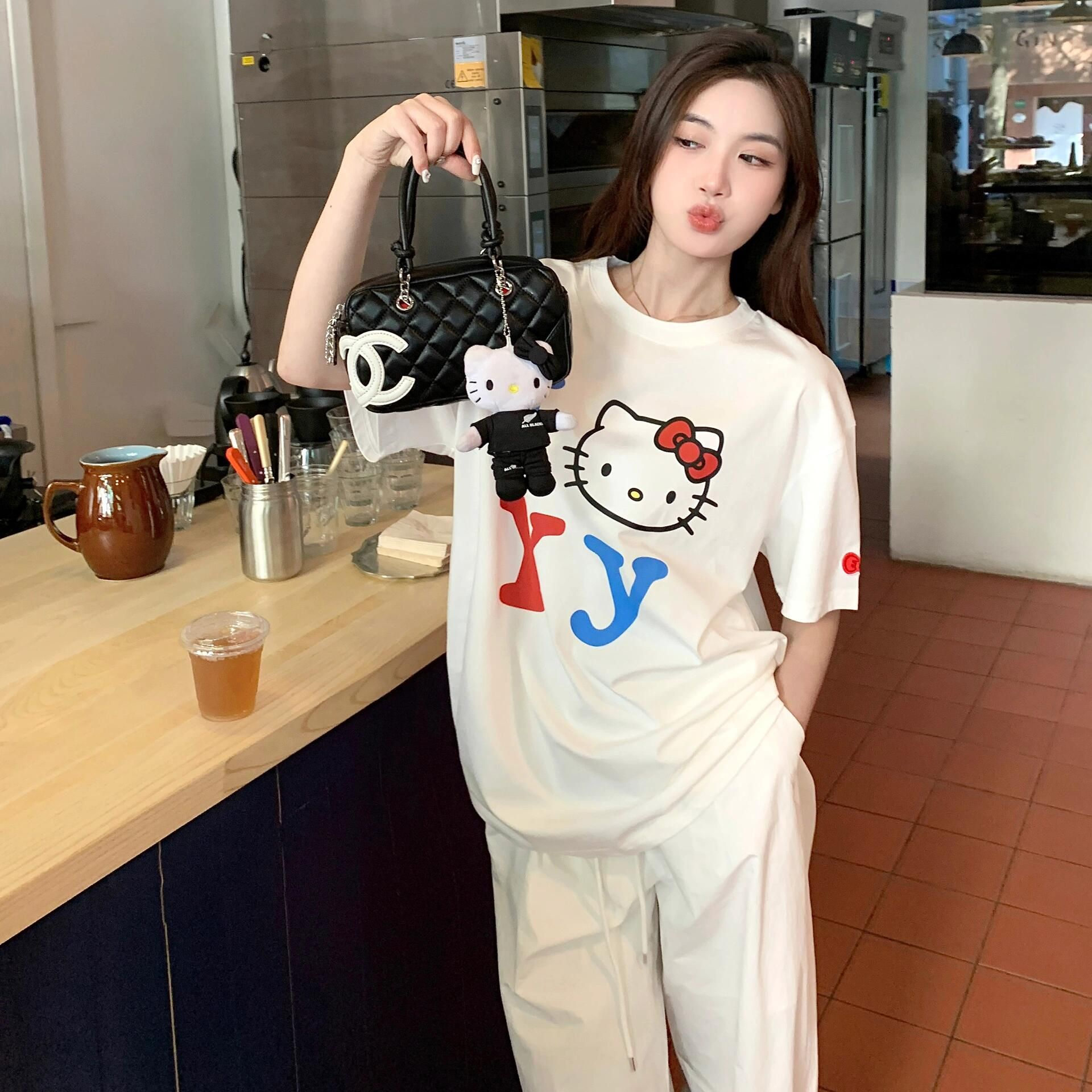 美式嘻哈Kitty短袖T恤女2025夏季宽松百搭休闲情侣圆领凯蒂猫上衣