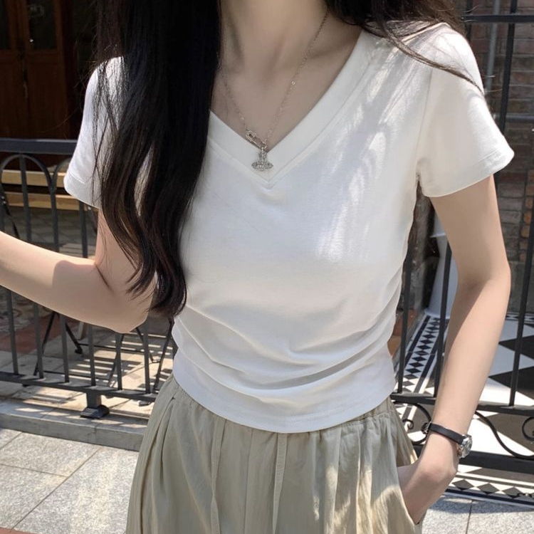 Susu自制 通勤短袖V领t恤女春季修身显瘦百搭白色设计感小众上衣