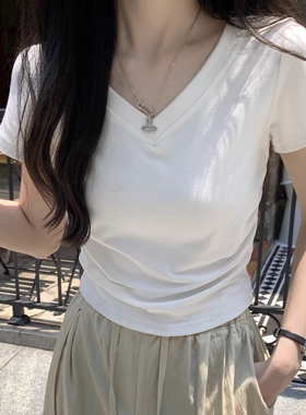 Susu自制 通勤短袖V领t恤女春季修身显瘦百搭白色设计感小众上衣