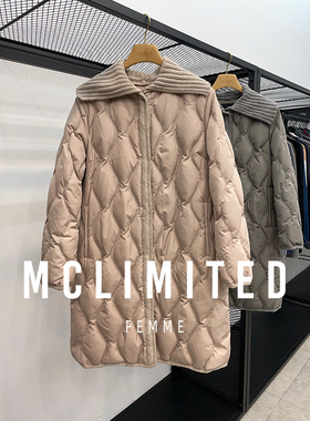 可拆卸大翻领白鸭绒直筒羽绒服中长款保暖简约菱格纹外套冬FYR1XX