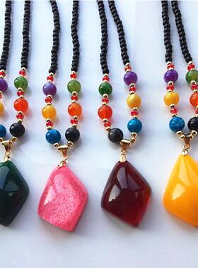 长款仿蜜蜡菱形黄吊坠毛衣链女彩珠民族风项链饰品欧美风格链条