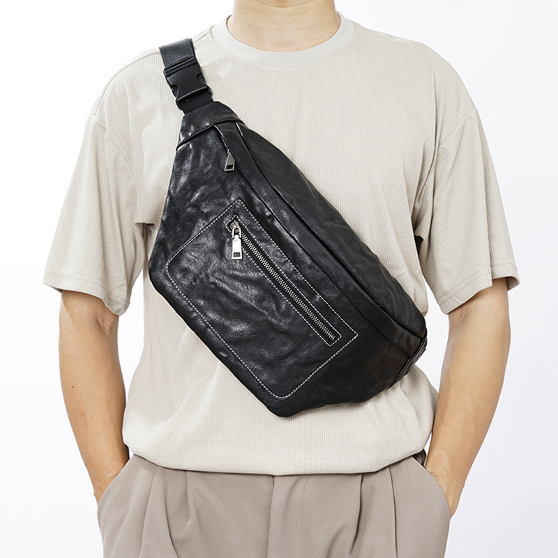 真皮腰包男士胸包商务休闲多功能两用时尚潮流手抓纹黑色骑行斜挎