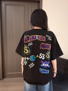 美式复古街头潮流字母植绒刺绣短袖T恤女夏季宽松设计感纯棉上衣