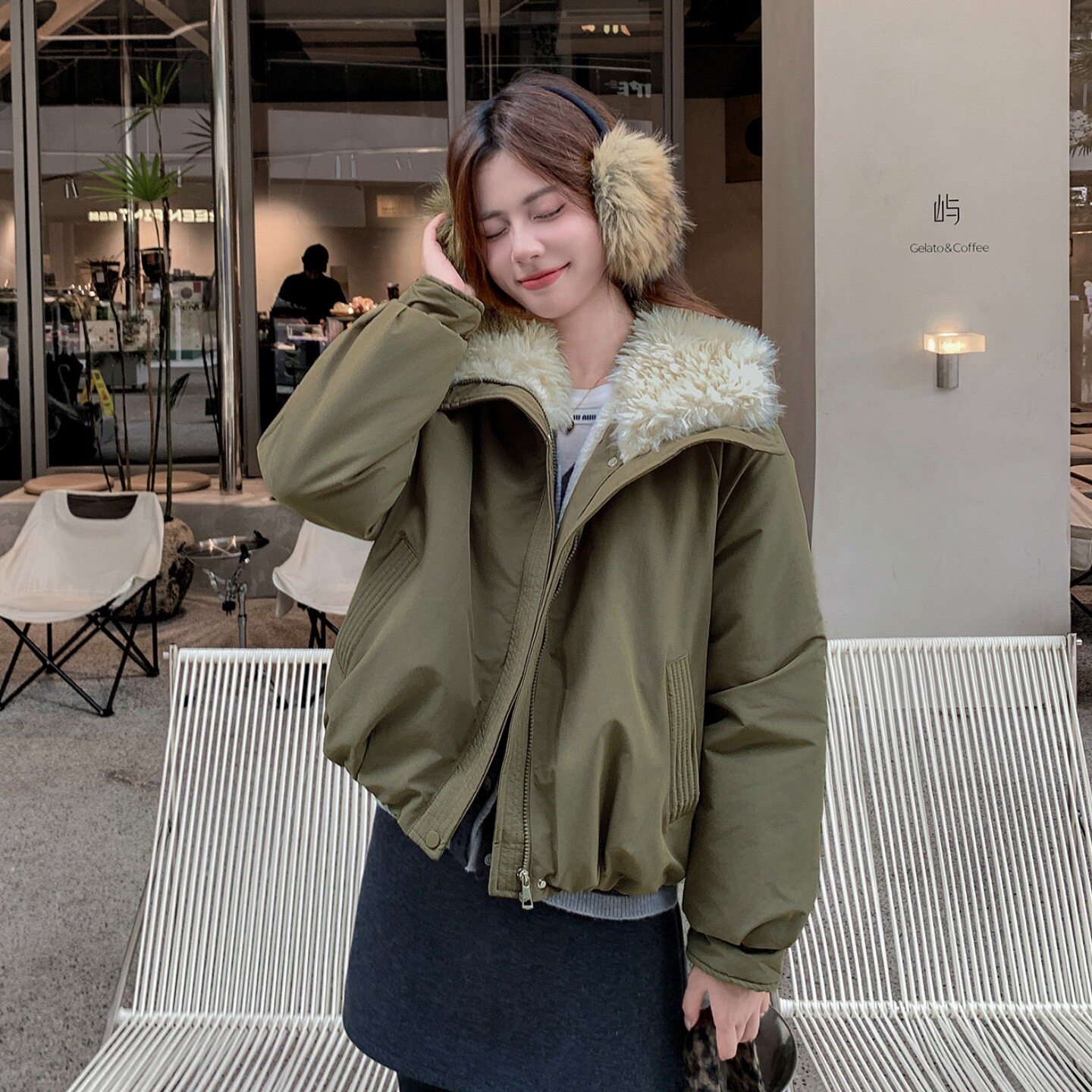 韩系大毛领短款棉服女冬季宽松加厚夹棉外套小个子复古军绿色棉衣