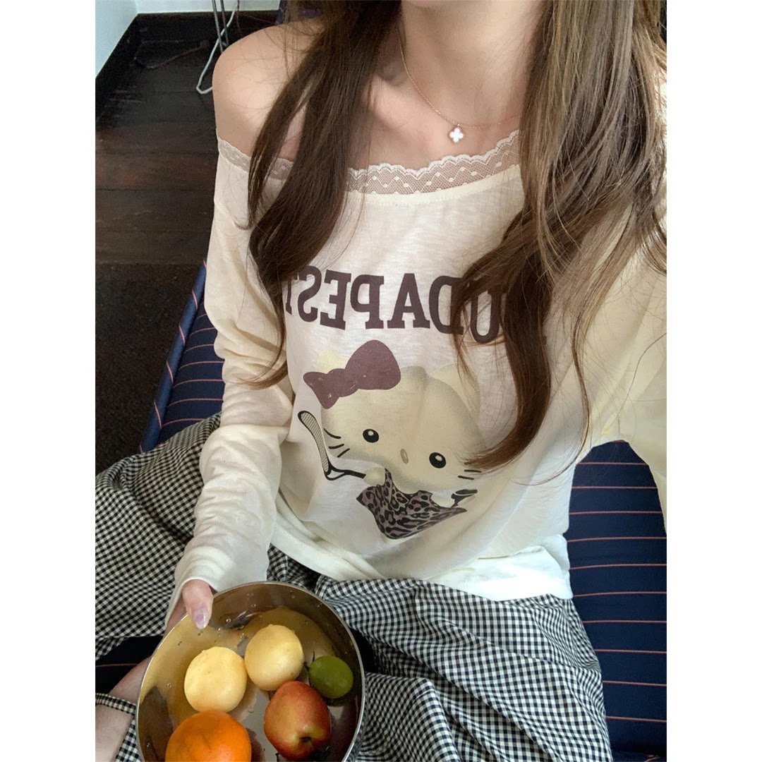 KT猫印花斜肩蕾丝长袖T恤女图片