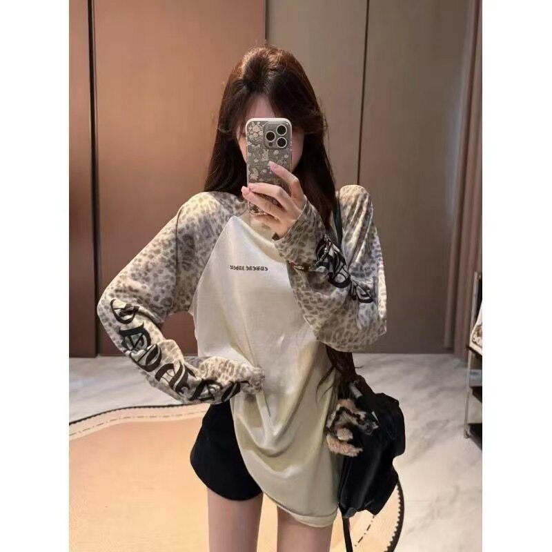 夏季新款梵文字母印花豹纹拼接长袖t恤女宽松中长款防晒罩衫上衣