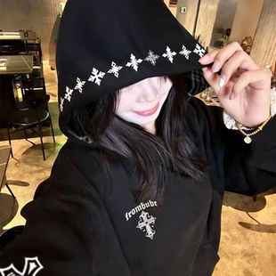 美式国潮牌新款十字架刺绣连帽卫衣女加绒宽松oversize黑色上衣