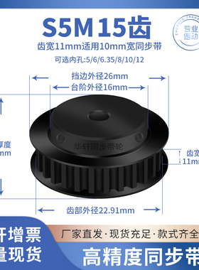 同步带轮S5M15齿钢黑BF齿宽11内孔56.358101214传动皮带同步轮S5M