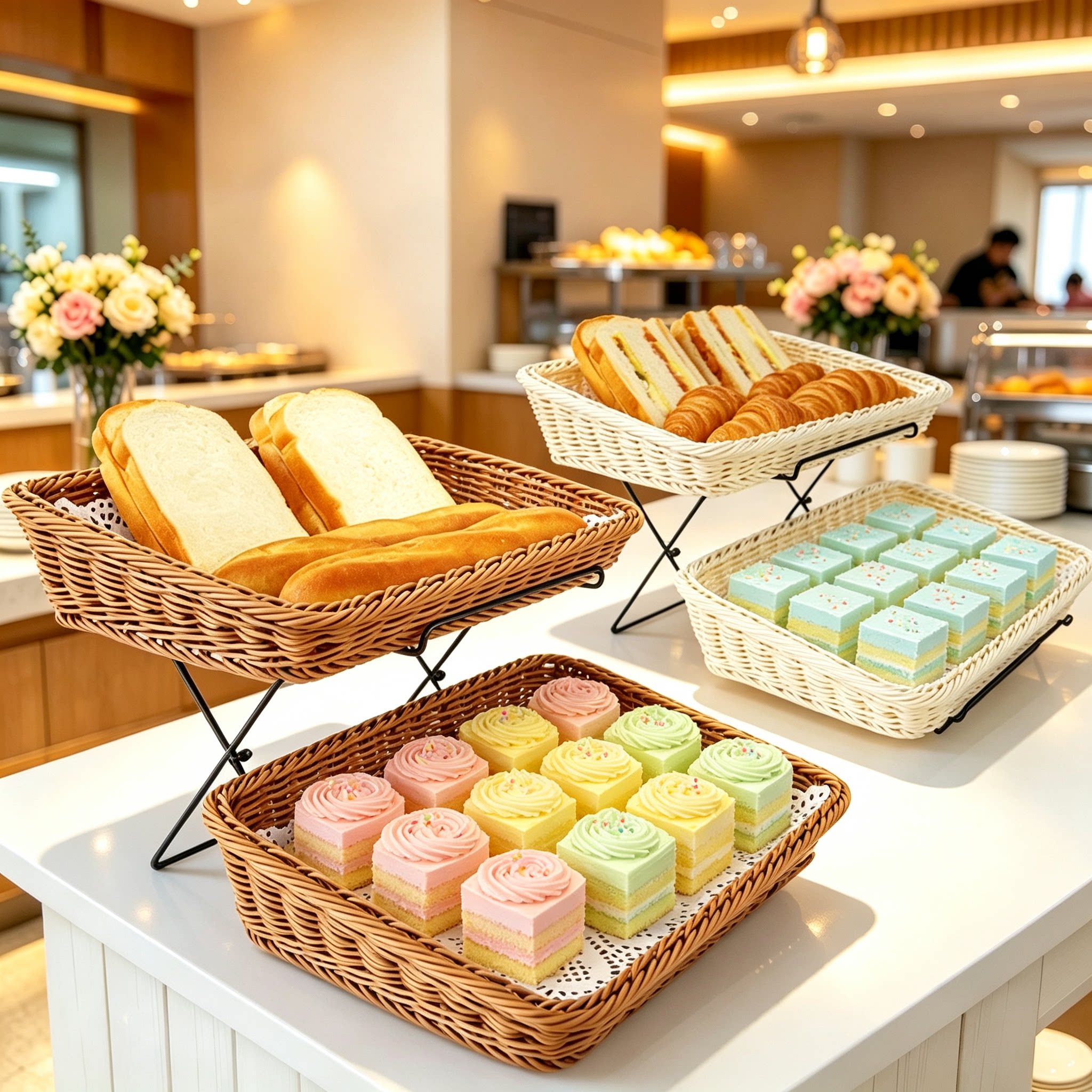 双层藤编蛋挞面包篮沥水自助餐食品展示架蛋糕点心架水果陈列筐