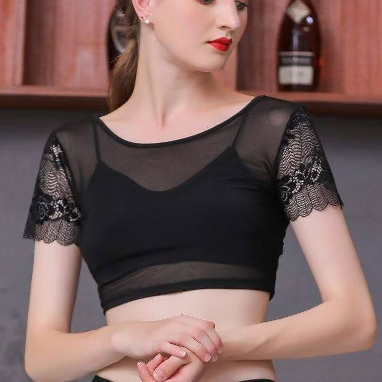 半截网纱打底衫女夏季新款露脐装内搭纱t恤女蕾丝短袖半身上衣薄