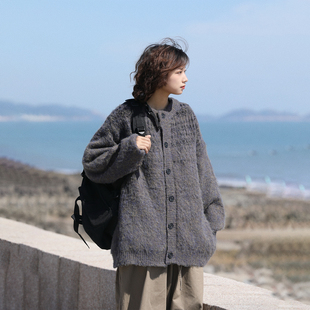 阿于呆美式马海毛费尔岛亨利领开衫毛衣男冬季宽松情侣针织外套女