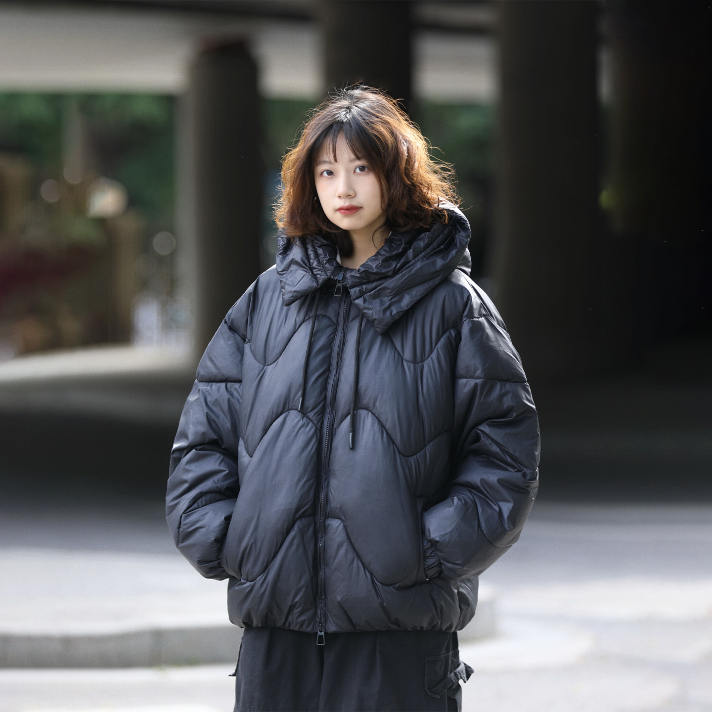 阿于呆美式连帽面包服波浪形棉衣