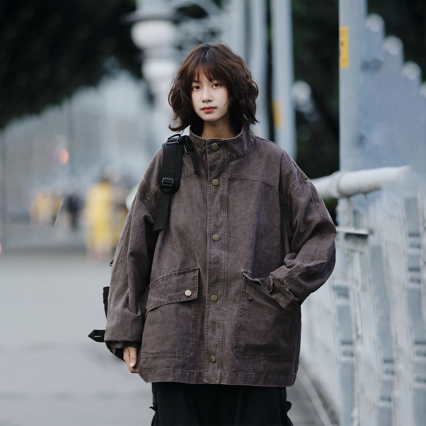 阿于呆美式水洗工装立领牛仔外套