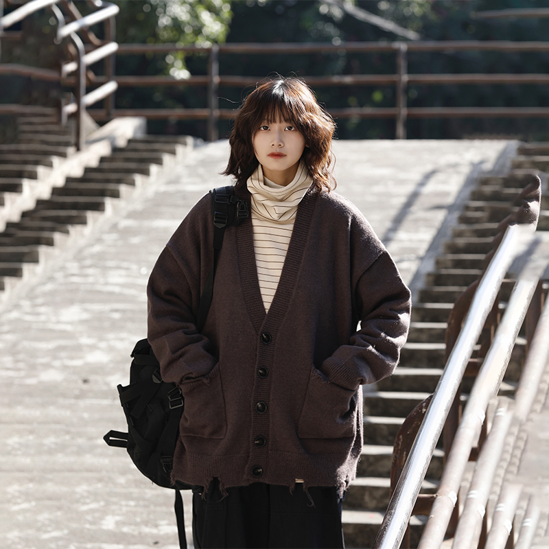 阿于呆日系衣摆破损开衫毛衣外套