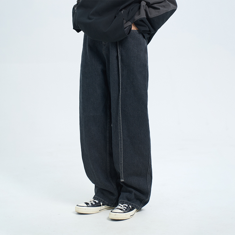 阿于呆日系水洗系带直筒牛仔裤