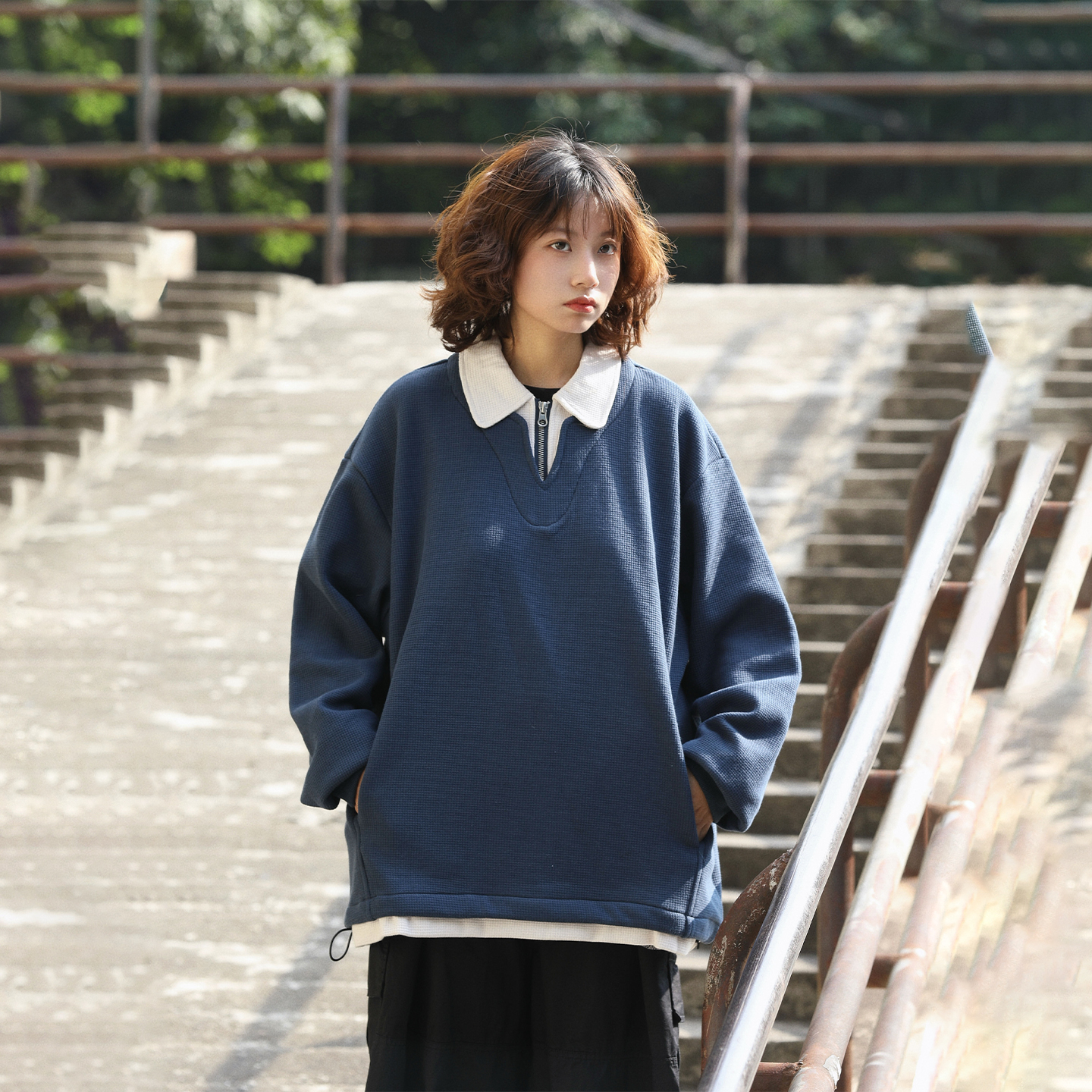 阿于呆假两件加绒加厚半拉链卫衣