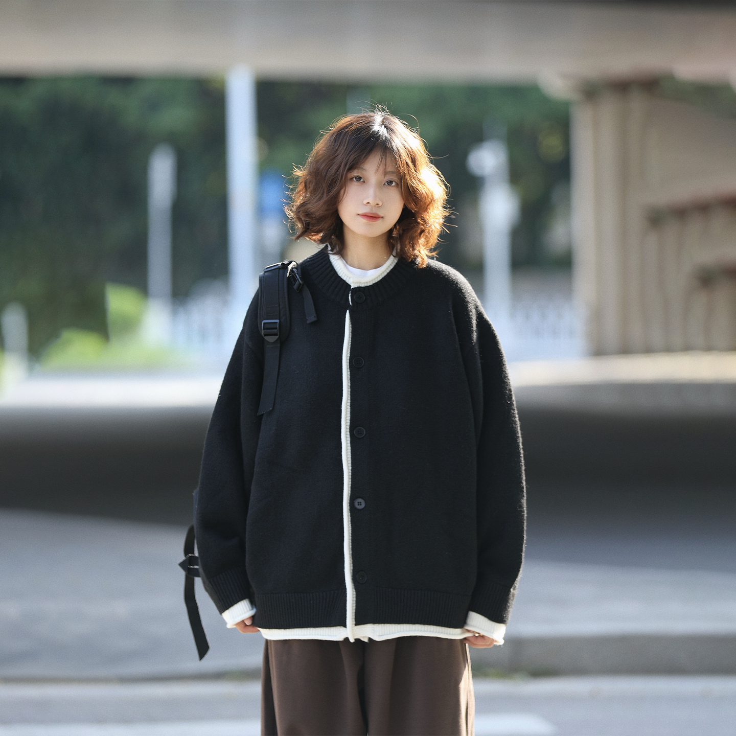 阿于呆日系重磅假两件开衫毛衣