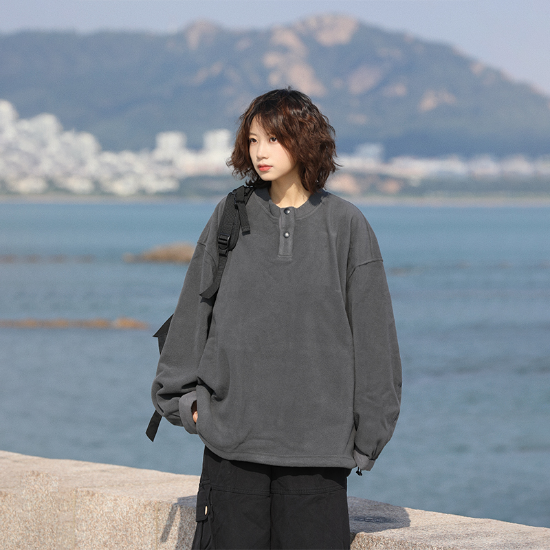 阿于呆日系复古亨利领摇粒绒卫衣