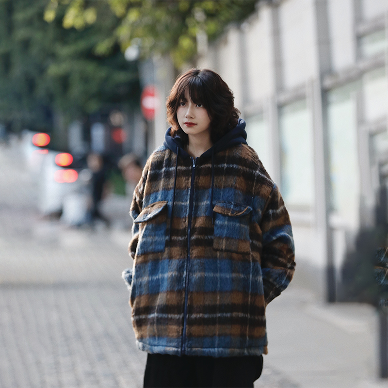阿于呆加厚冬季格子棉衣加厚保暖