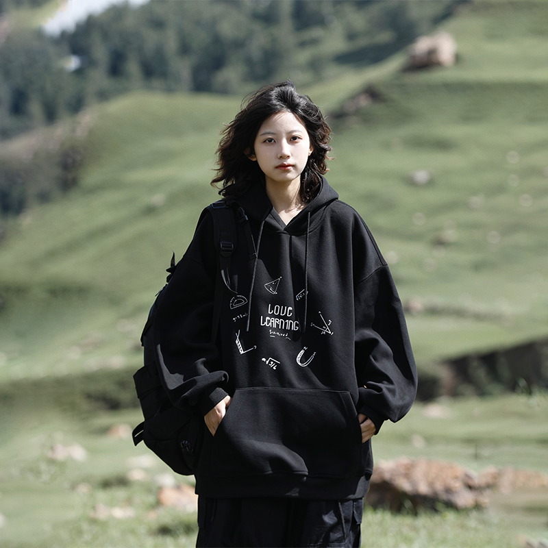 阿于呆原创美式复古印花套头加绒连帽卫衣男重磅日系宽松外套女潮