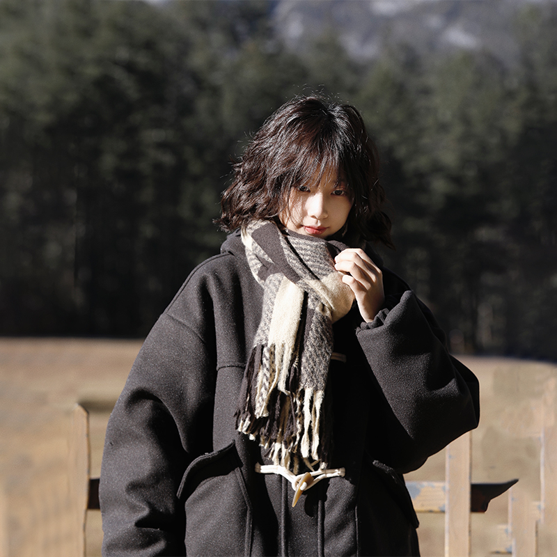 阿于呆日系新款加厚格子百搭围巾