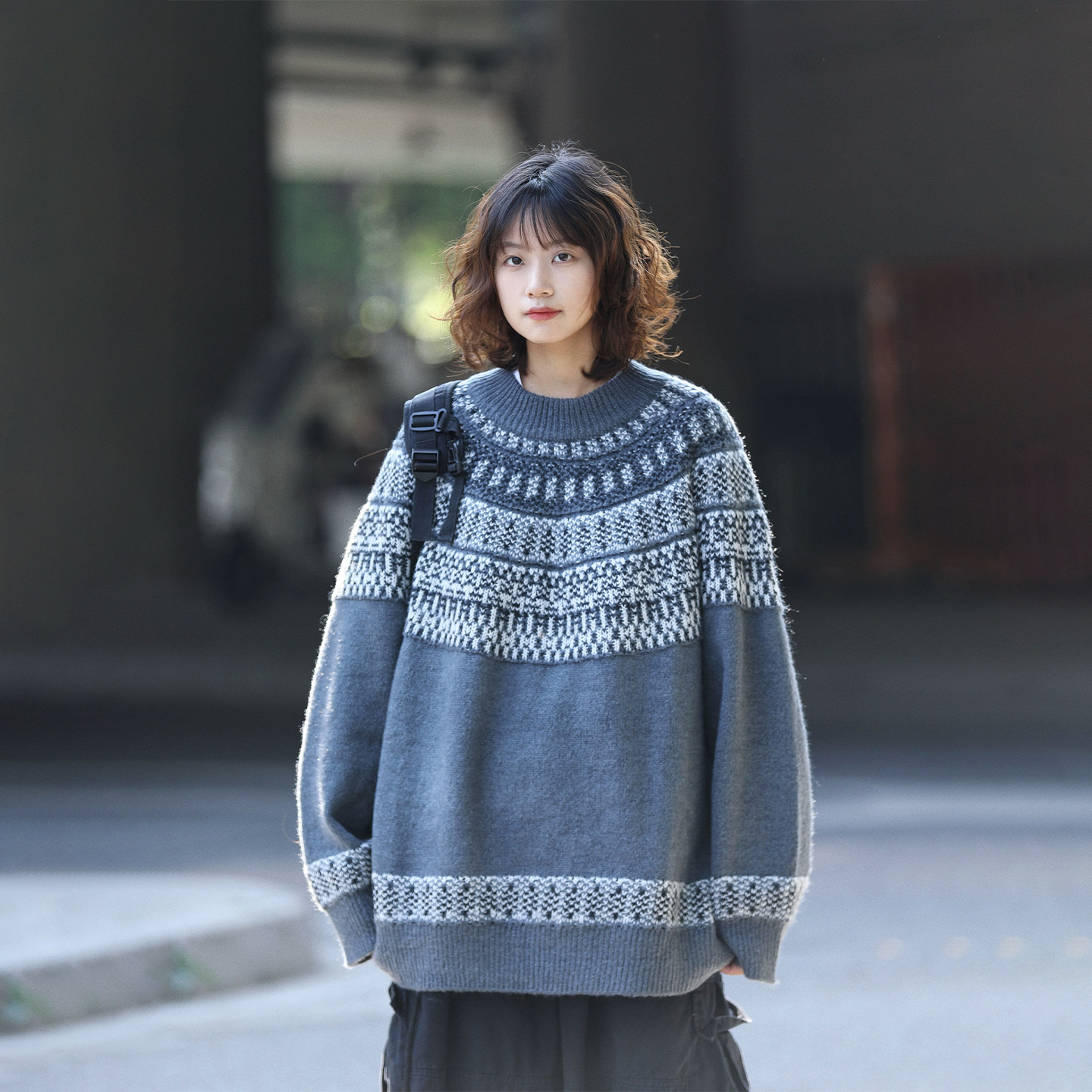 阿于呆日系费尔岛慵懒风提花毛衣