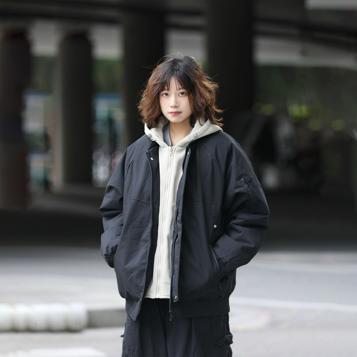 阿于呆美式假两件工装连帽棉衣