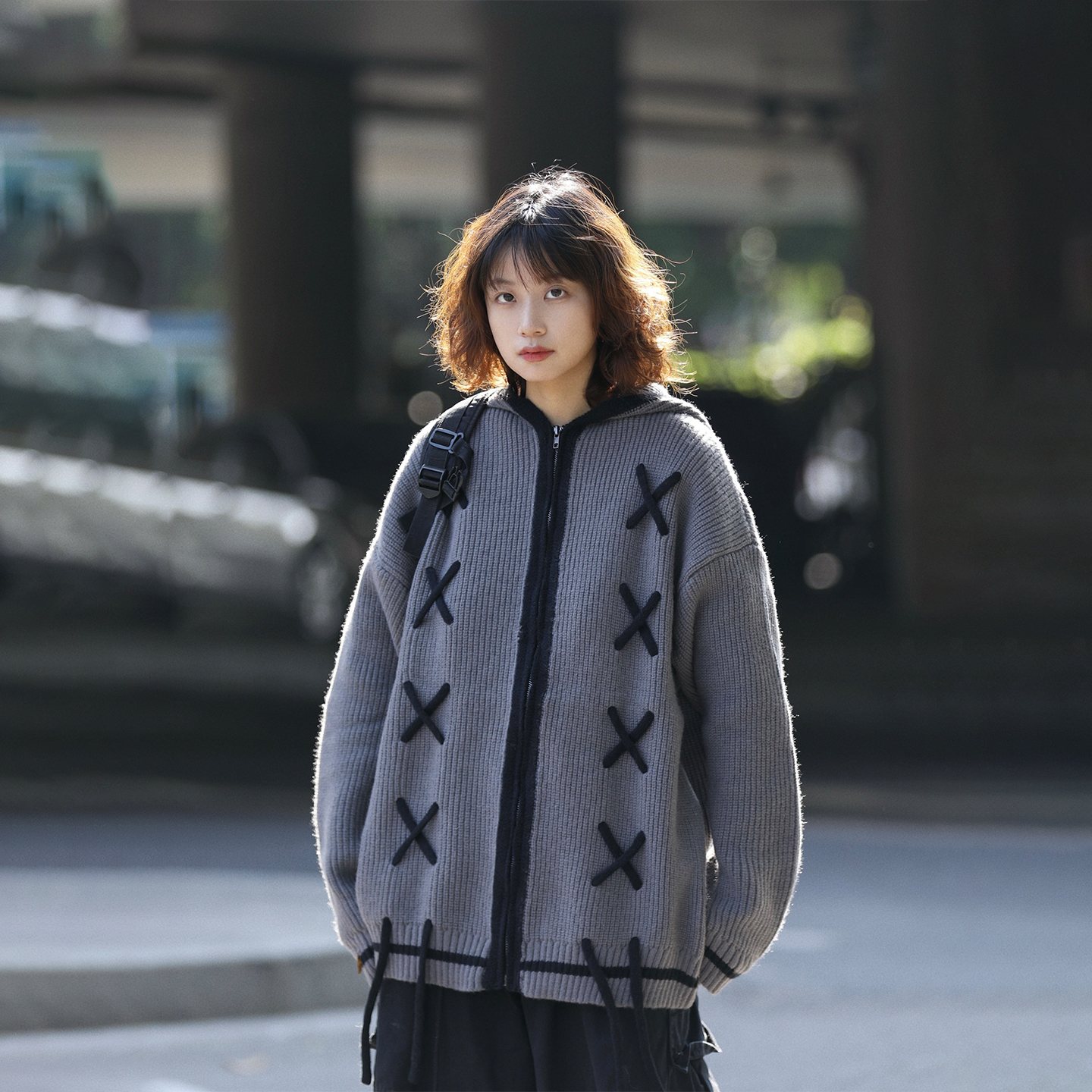 阿于呆美式绑带设计感开衫毛衣