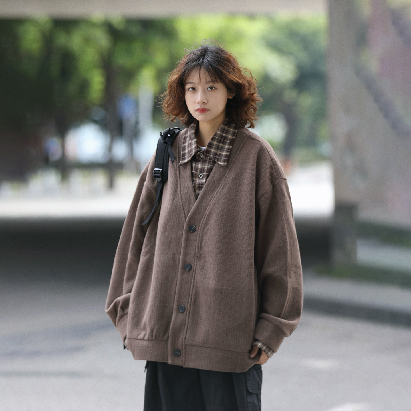 阿于呆美式复古假两件开衫毛衣