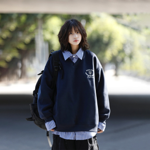 阿于呆日系复古拼接假两件卫衣男学院风情侣格子衬衫 领百搭上衣女