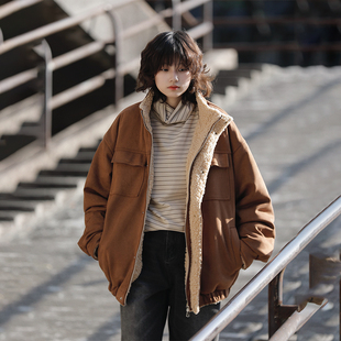 阿于呆美式 羊羔绒美拉德麂皮棉衣男宽松阿美咔叽保暖加厚外套女潮