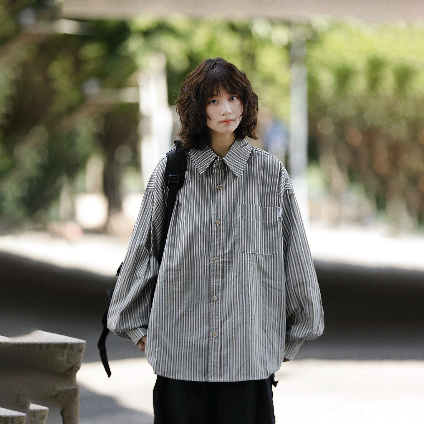 阿于呆日系复古纯棉条纹长袖衬衫