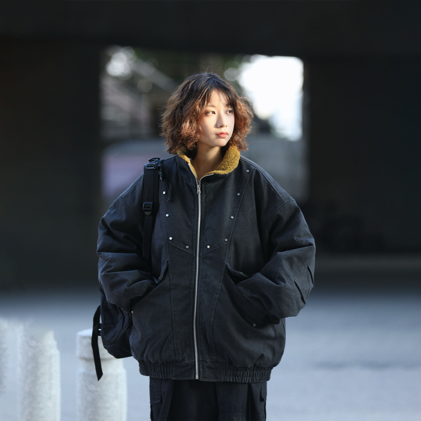 阿于呆美式冬季工装设计羊羔绒立领棉服男宽松加厚保暖棉衣外套女