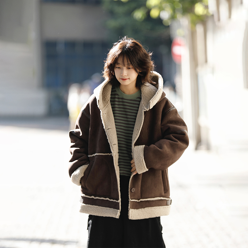 阿于呆加厚秋冬羊羔毛棉衣麂皮绒