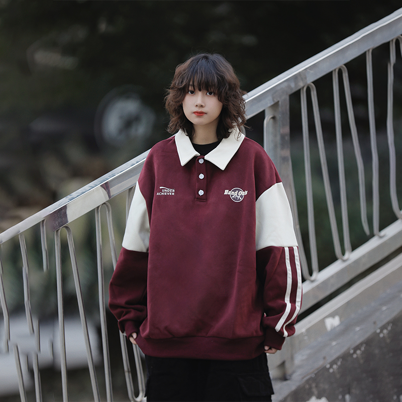 阿于呆日系拼色印花慵懒风polo衫卫衣男宽松复古情侣学院风外套女