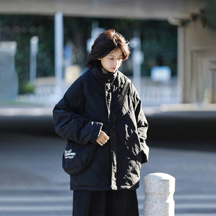 阿于呆冬季 90白鸭绒加厚保暖立领羽绒服男宽松字母挎包简约外套女