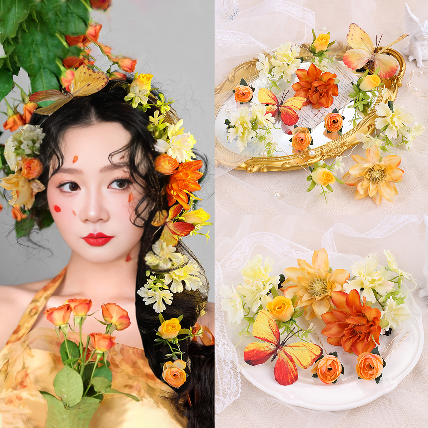 森系仿真花头饰玫瑰花朵发夹蝴蝶发卡套装海滩拍照写真发饰女簪花