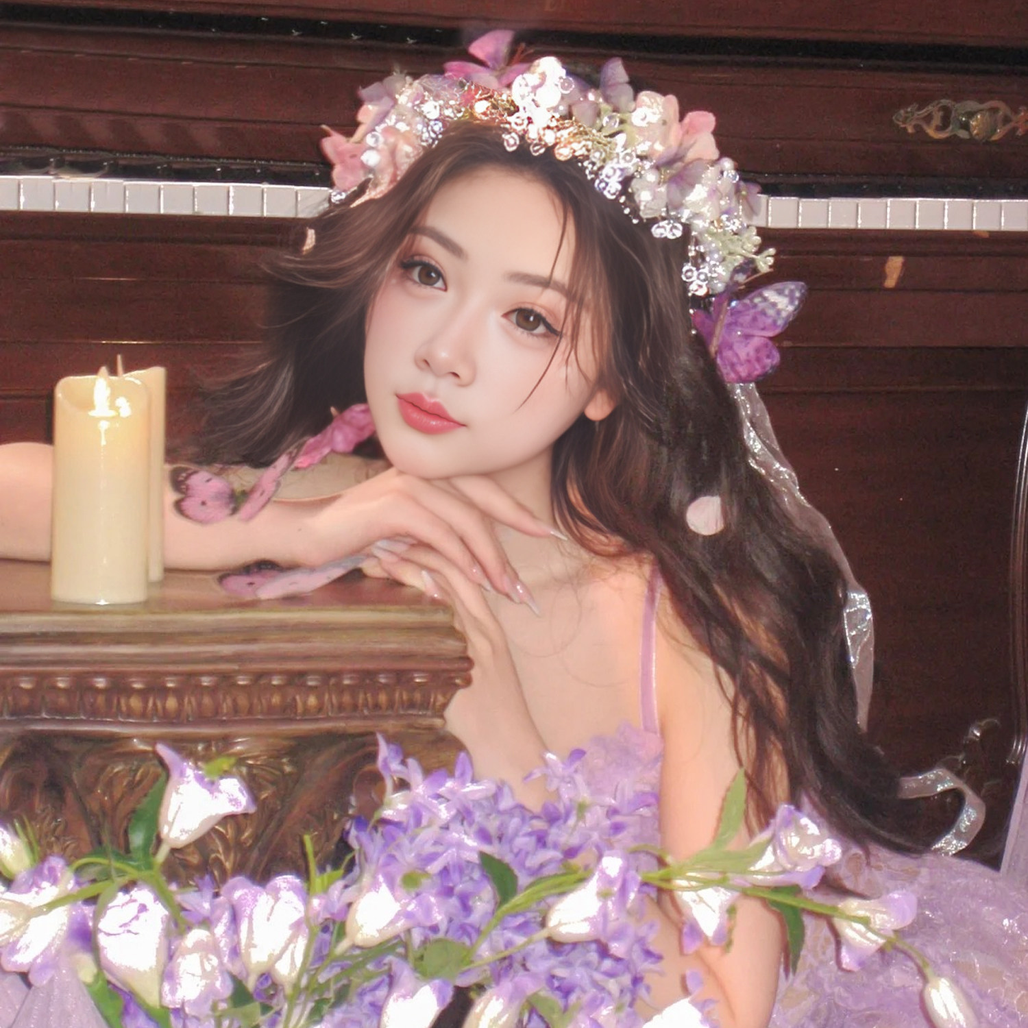 森系蝴蝶发带仙气写真发饰女花环蝴蝶发夹套装拍照仿真花发箍头饰