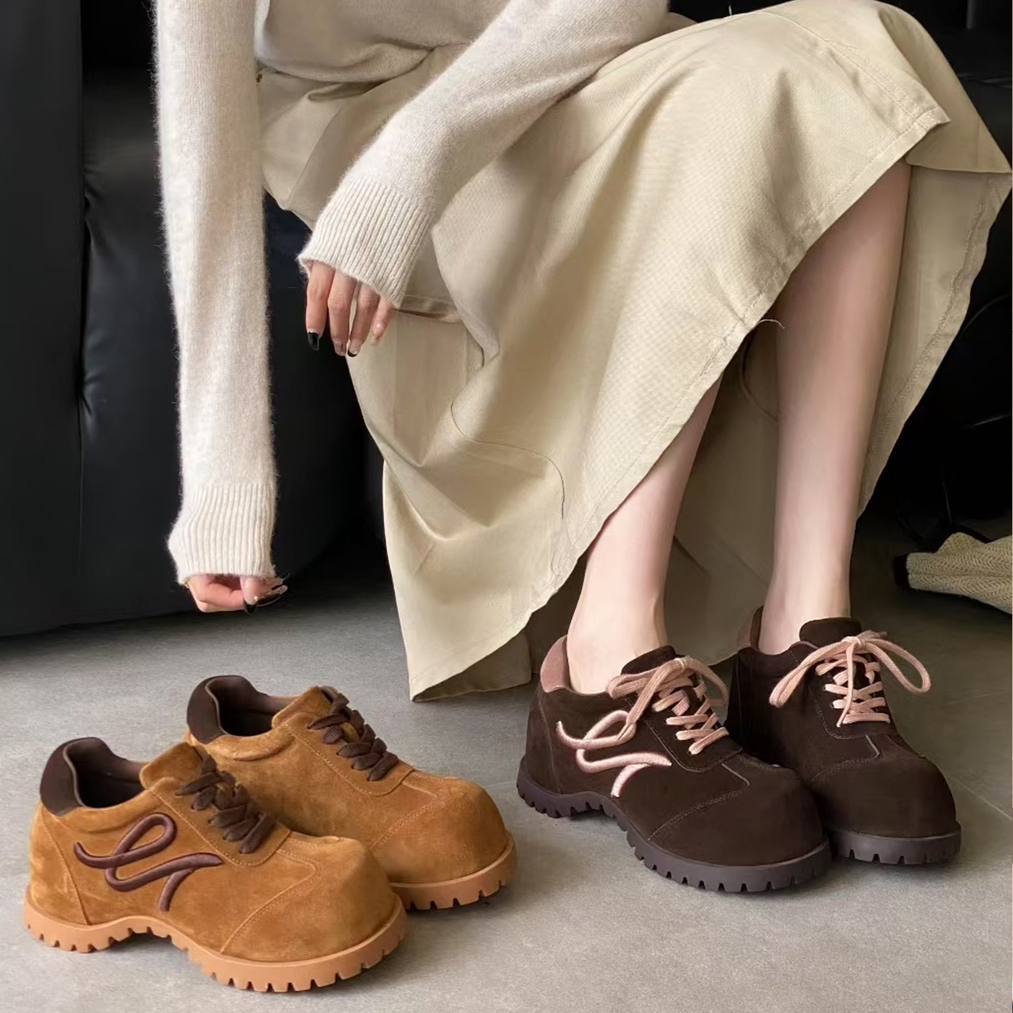 小羊轻奢复古真皮2025女士秋冬季新款厚底内增高大头德训勃肯鞋子